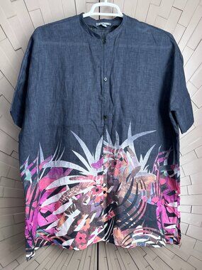 Go Silk Charcoal Gray Linen Tropical Button Down Top Large